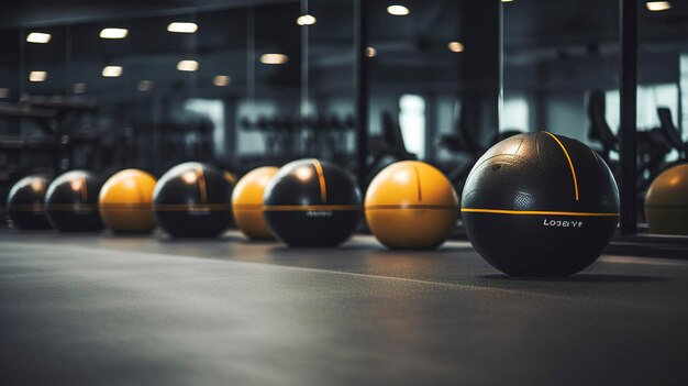 Foto uma foto de uma fileira de bolas de medicina em uma instalação de fitness