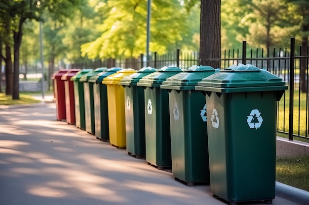 Uma foto de uma fileira de lixeiras de reciclagem em um parque urbano bem conservado Generative AI