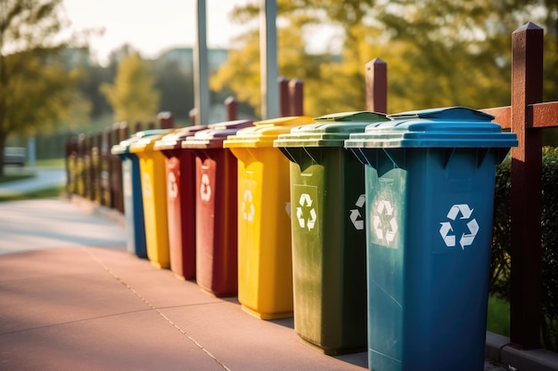 Uma foto de uma fileira de lixeiras de reciclagem em um parque urbano bem conservado Generative AI