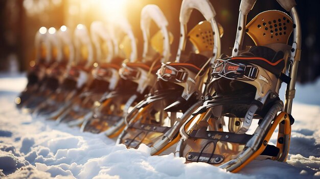 Uma foto de uma fileira de sapatilhas de neve em uma seção de esportes de inverno