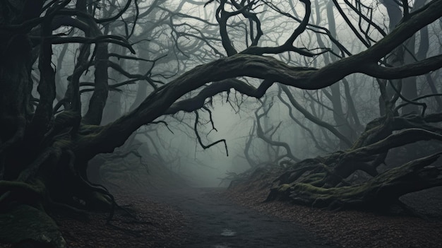 Uma foto de uma floresta assustadora com névoa misteriosa de árvores retorcidas