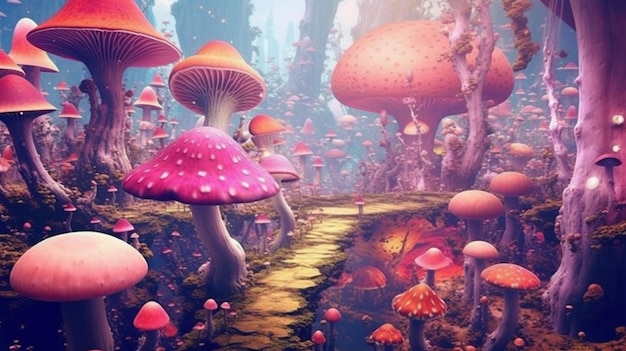 Uma foto de uma floresta com cogumelos e um caminho