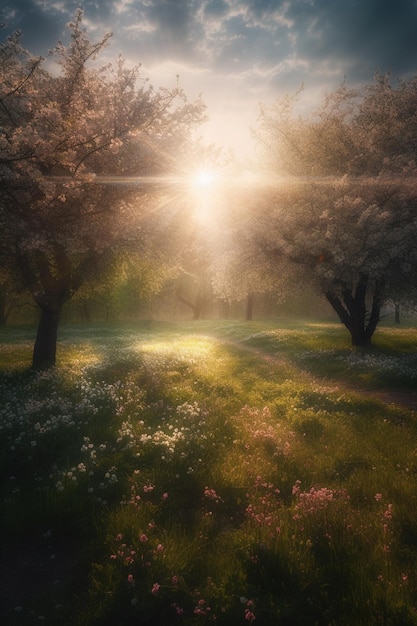 Uma foto de uma floresta com um sol brilhando no chão e um caminho que leva a uma floresta com flores cor de rosa.