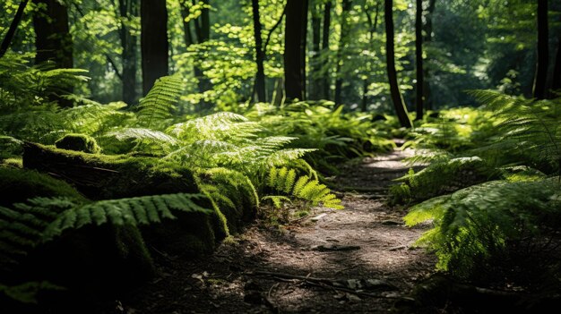 Uma foto de uma floresta densa com um tapete de samambaias manchadas de luz solar