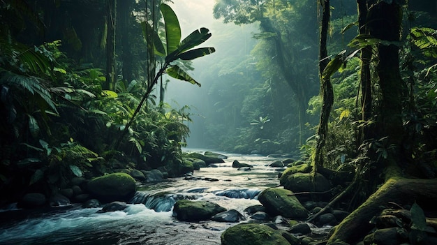 Uma foto de uma floresta tropical com vida selvagem diversificada e vegetação exuberante
