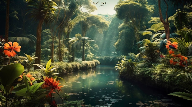 Uma foto de uma floresta tropical com vida selvagem diversificada e vegetação exuberante