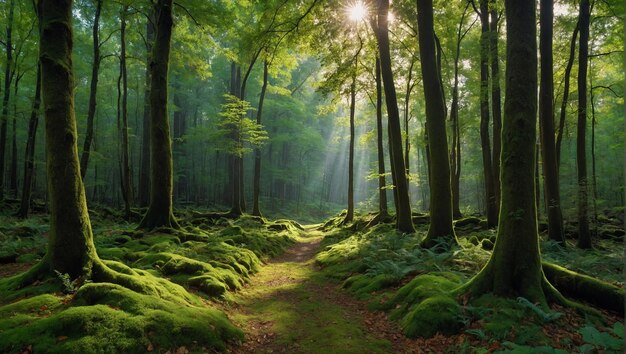 Uma foto de uma floresta verde exuberante com um caminho que a atravessa