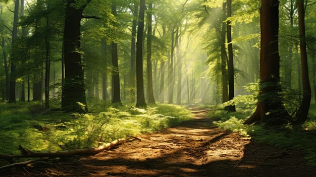 Uma foto de uma floresta verde exuberante manchada de luz solar