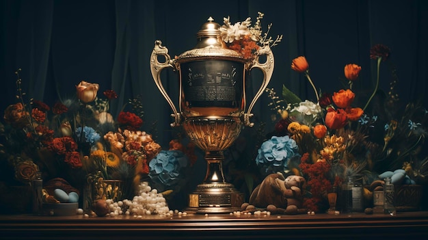 Uma foto de uma foto hiper detalhada de uma taça de troféu em um arranjo simétrico