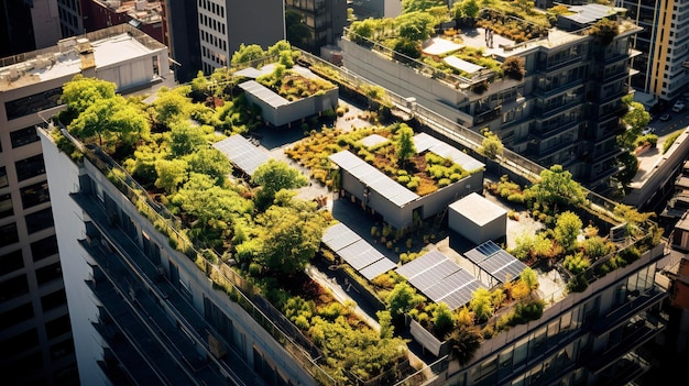 Uma foto de uma foto hiperdetalhada de um jardim na cobertura de uma cidade ou de um espaço verde