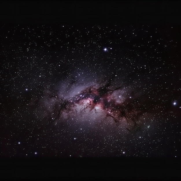 Uma foto de uma galáxia com um fundo escuro e uma nebulosa escura no centro.