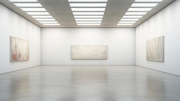 Uma foto de uma galeria de arte moderna com paredes brancas
