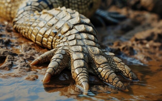 Uma foto de uma garra de crocodilo agarrando-se a uma margem do rio.