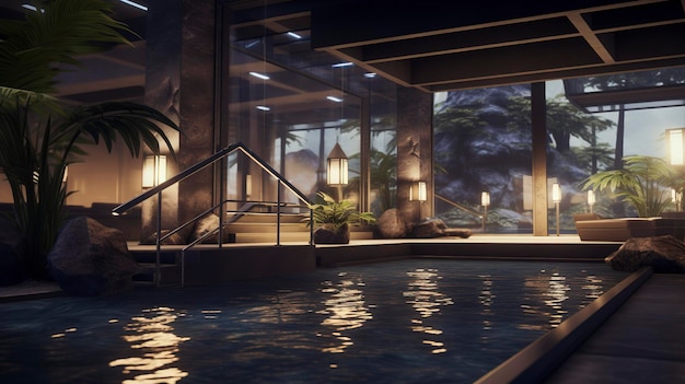 Uma foto de uma instalação de spa moderna com uma piscina de água calmante