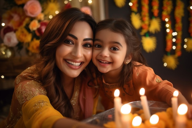Uma foto de uma jovem mãe feliz e sua filha comemorando o Diwali tirando uma selfie juntas