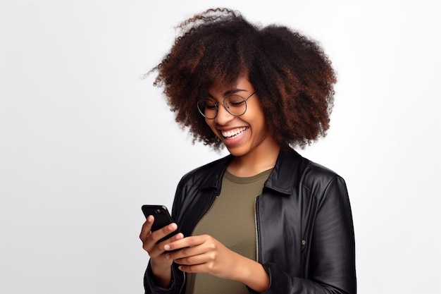 Foto uma foto de uma jovem negra feliz usando seu telefone para enviar mensagens para seus amigos