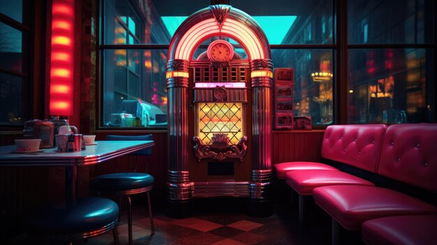 Uma foto de uma jukebox retrô em um restaurante mal iluminado com luzes de néon