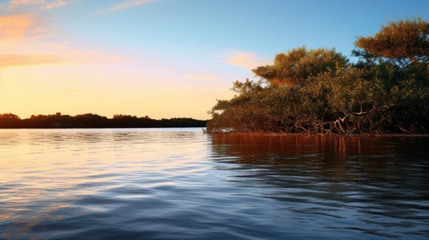 Foto uma foto de uma lagoa serena cercada por árvores de mangue com ilhas distantes como pano de fundo