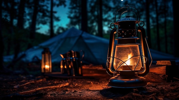 Uma foto de uma lanterna de acampamento e uma fogueira à noite