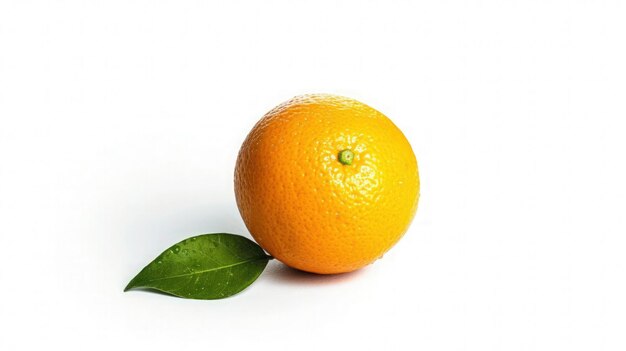 uma foto de uma laranja com folha isolada em um fundo branco