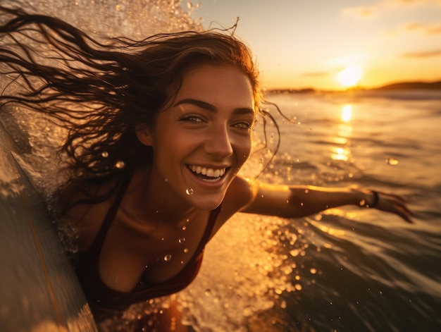 Uma foto de uma linda garota surfista pegando uma onda ao pôr do sol