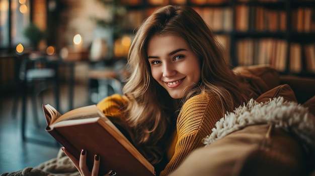 Uma foto de uma linda mulher lendo livros na sala de sua casa IA generativa