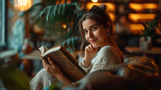 Uma foto de uma linda mulher lendo livros na sala de sua casa IA generativa