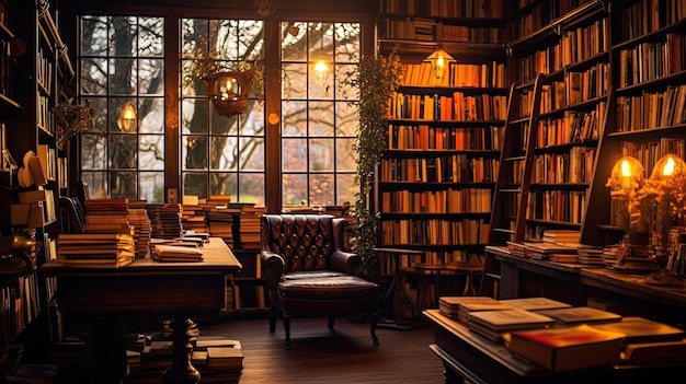 Uma foto de uma livraria tranquila com iluminação quente e atmosfera aconchegante