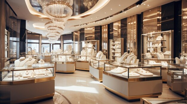 Uma foto de uma loja de jóias com exibições cintilantes de luz halógena brilhante