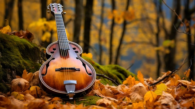 Uma foto de uma mandolina contra um pano de fundo de folha de outono