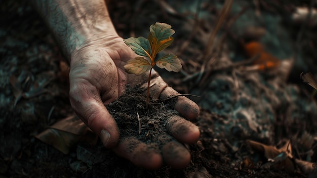 Uma foto de uma mão com solo e o broto de uma pequena planta de feijão