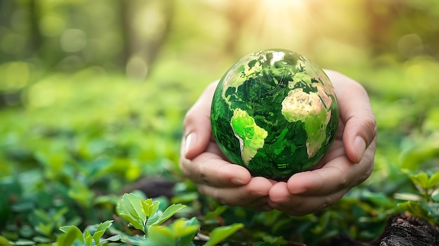 Uma foto de uma mão segurando um globo verde com um fundo verde O globo é feito de vidro e tem uma superfície brilhante