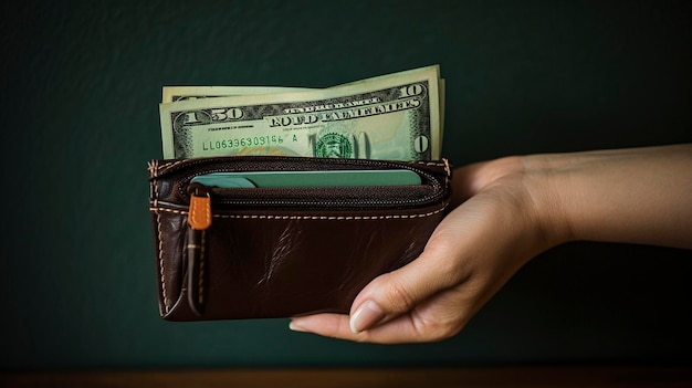 Uma foto de uma mão segurando uma carteira com dinheiro