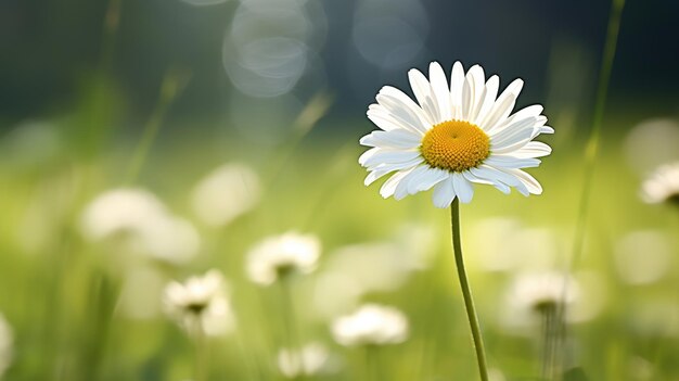 Uma foto de uma margarida branca em um prado à luz natural suave