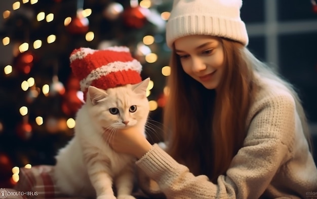 Uma foto de uma menina celebrando o feliz Natal com um gato