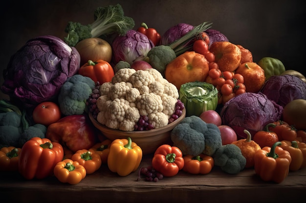 Uma foto de uma mesa cheia de legumes, incluindo couve-flor, couve-flor e couve-flor.