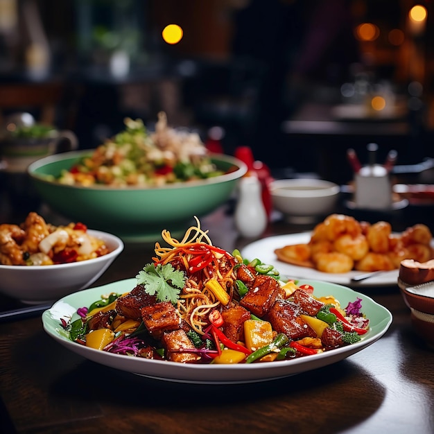 uma foto de uma mesa com deliciosa comida asiática em um restaurante asiático