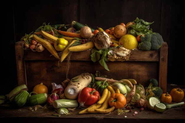 Uma foto de uma mesa com um monte de frutas e legumes.