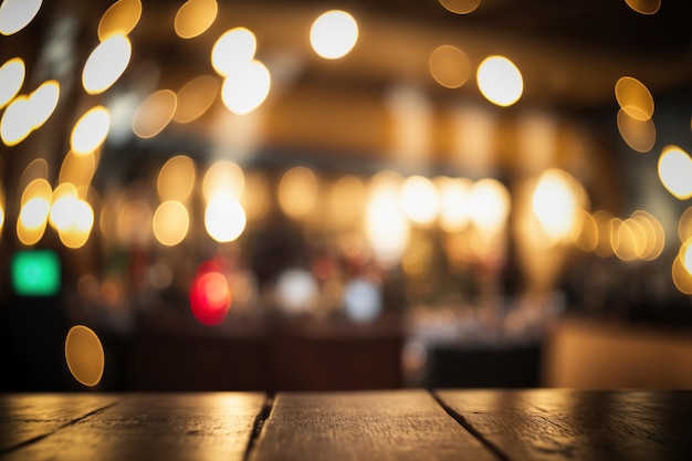 Uma foto de uma mesa de madeira com um fundo abstrato embaçado de luzes do restaurante