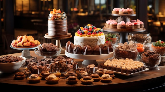 Uma foto de uma mesa de sobremesas de um restaurante com doces