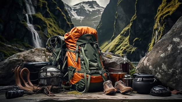 Uma foto de uma mochila com equipamento de caminhada e equipamento de acampamento
