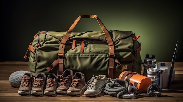 Uma foto de uma mochila com equipamentos de aventura e roupas para atividades ao ar livre