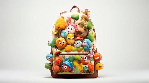Uma foto de uma mochila de crianças coloridas com personagens de desenhos animados foto de comprimento completo
