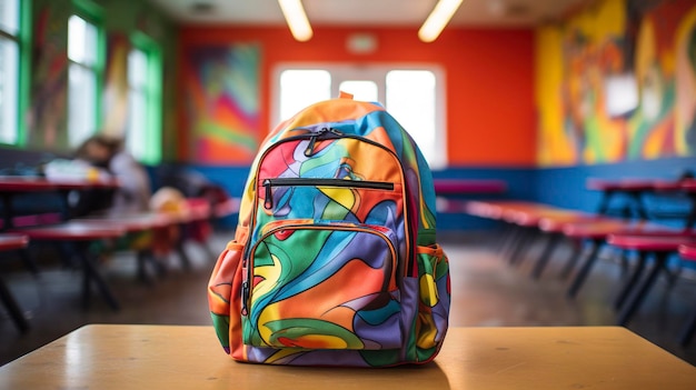 Foto uma foto de uma mochila escolar colorida em uma sala de aula