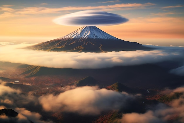 Uma foto de uma montanha com uma nuvem em forma circular acima dela