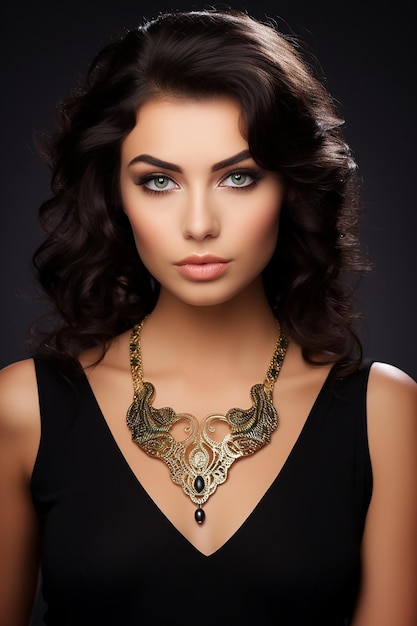 Uma foto de uma mulher bonita com um colar exclusivo em um estúdio profissional