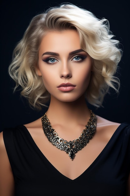 Uma foto de uma mulher bonita com um colar exclusivo em um estúdio profissional