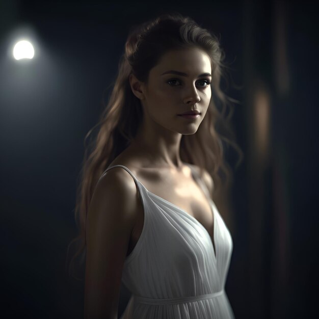Uma foto de uma mulher bonita vestindo um vestido branco de pé em uma sala escura