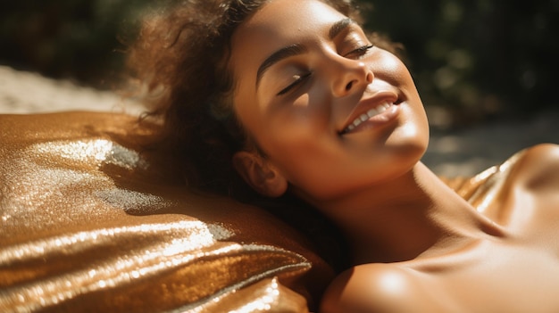 Uma foto de uma mulher bronzeada deitada em uma toalha de praia com a pele brilhando com óleo bronzeador