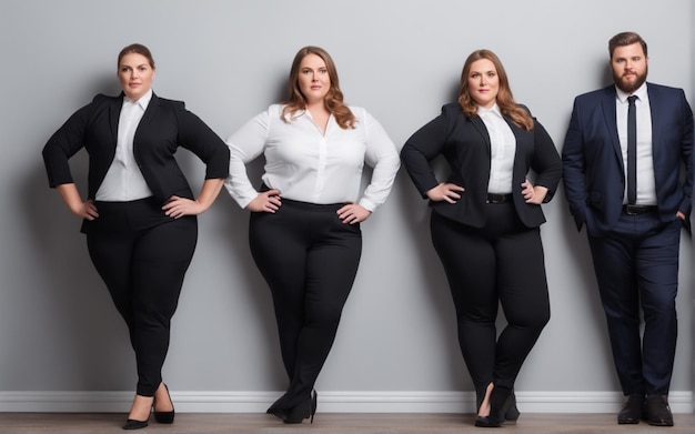 Uma foto de uma mulher gorda com roupas de escritório com antecedentes de gerente de tamanho Plus